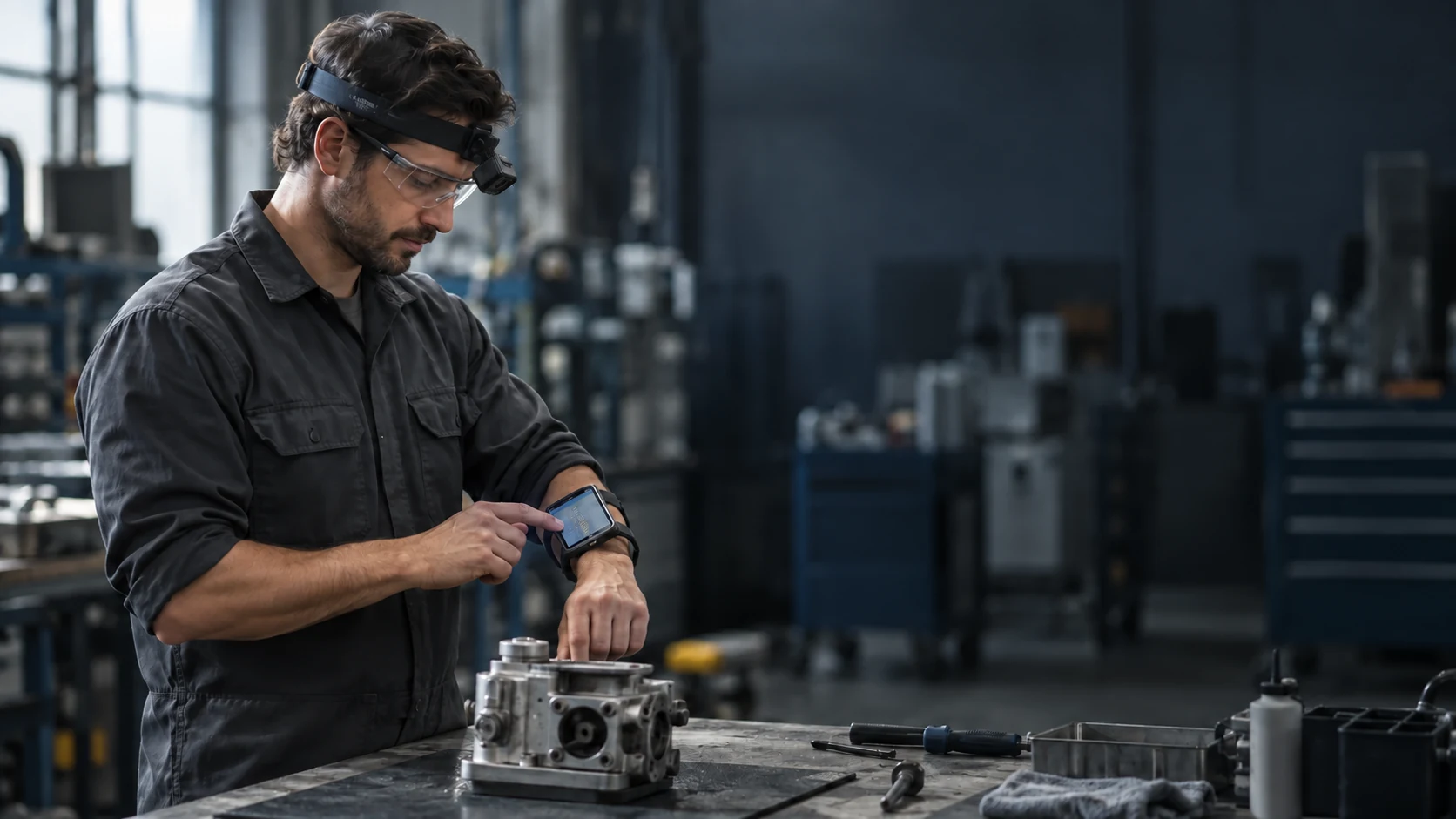 Illustration of a technician using a head-mounted camera and wrist-mounted screen at an industrial workbench